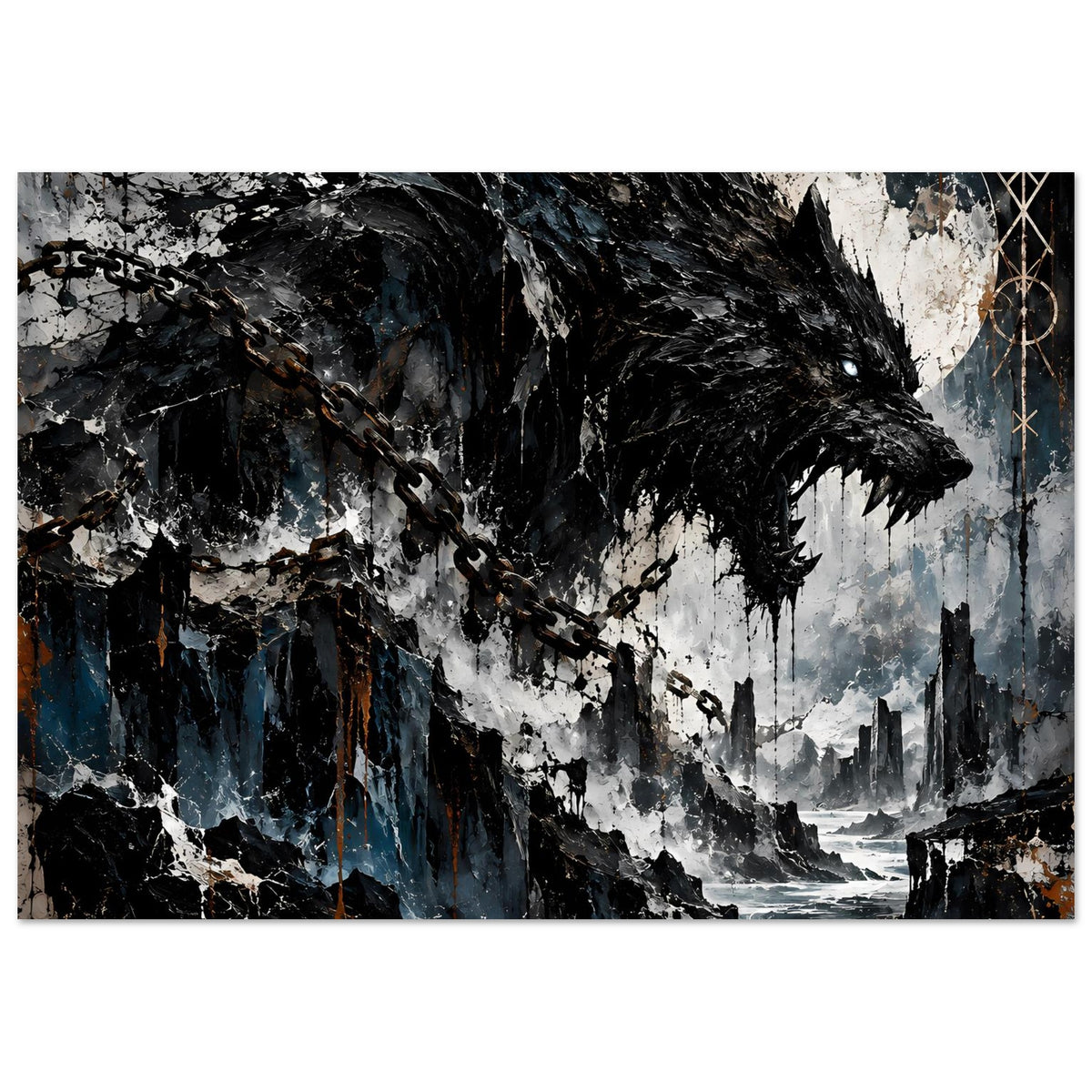 Horizontales Wolfskopf-Poster mit Vollmond und Ketten, dunkle Stadt und stürmische Küste