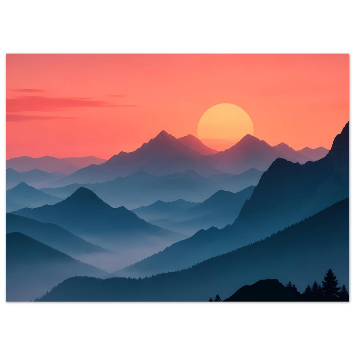 Landschaftsposter mit großem Sonnenkreis, rosa Himmel und tiefblauen Bergsilhouetten