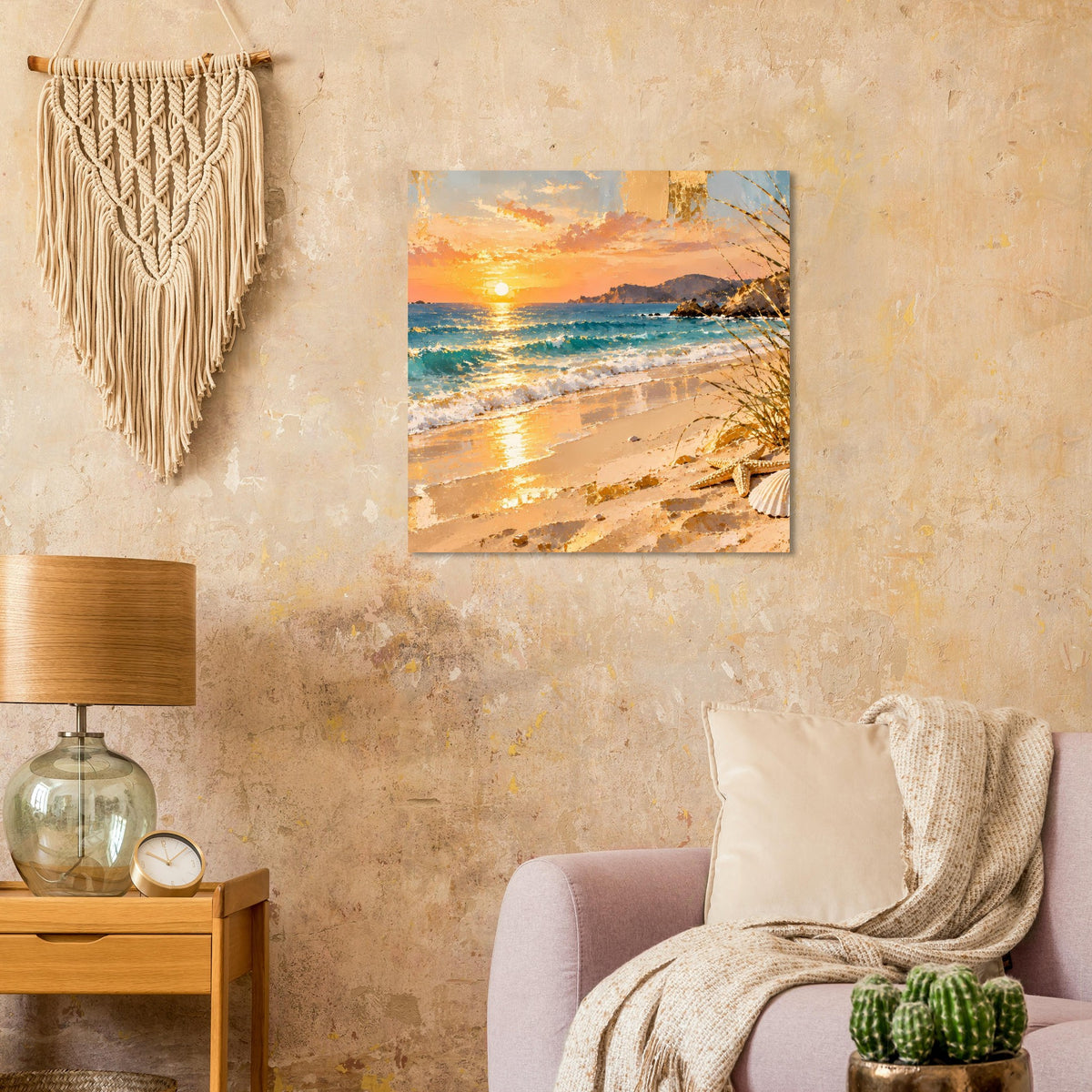 Wandposter mit Strand-Sonnenuntergang, Wellen und warmen Farbtönen