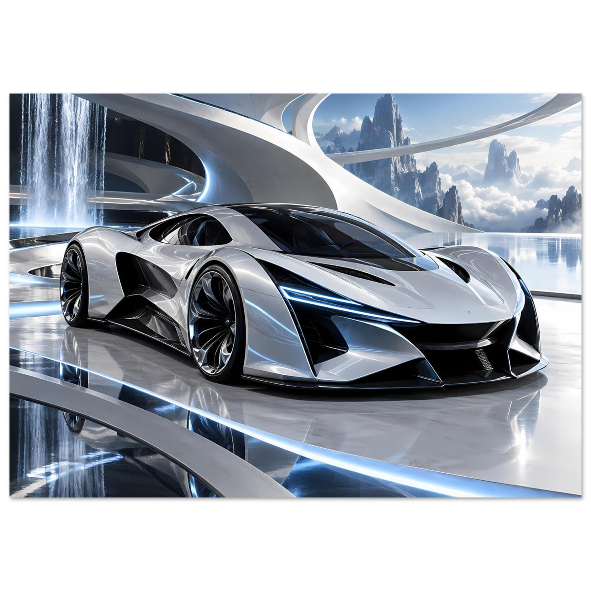 Futuristisches Auto-Poster: silberner Supersportwagen, schwarze Frontpartie und blaue Akzente