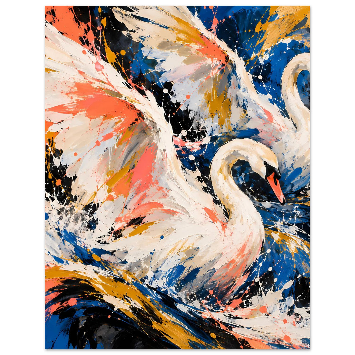 Kunstposter mit weißem Schwan im Zentrum, sprühendes Farbenspiel in Blau und Koralle