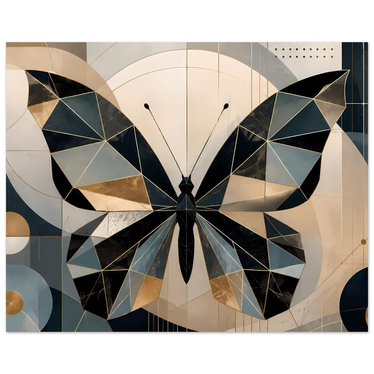 Geometrisches Schmetterlingsposter, Ausschnitt mit Dreiecks-Design und petrolfarbenen Flügeln.