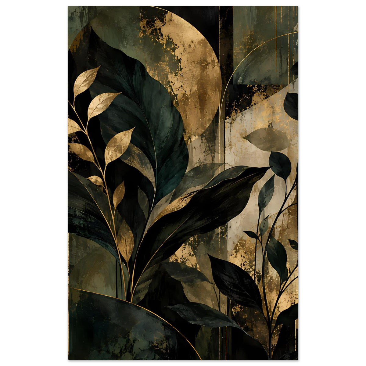 Hochformatiges Kunstposter mit botanischen Blättern in Dunkelgrün, Goldakzenten und dunklen Ranken