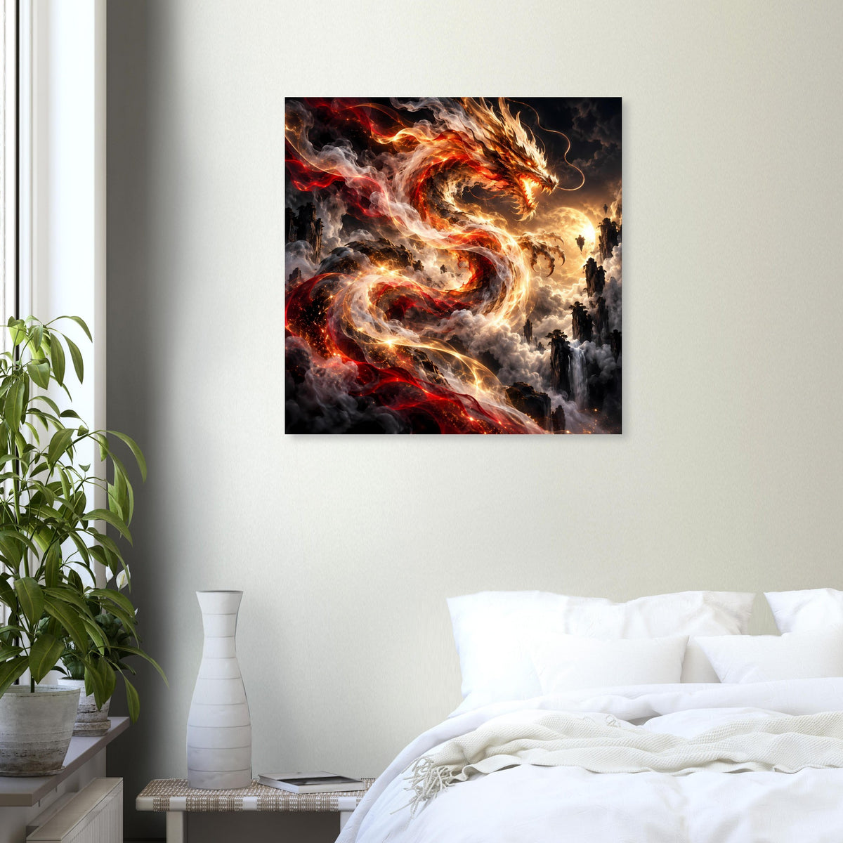 Quadratisches Fantasy-Poster mit Drachen in Rot und Gold, Feuerwirbel über dunklem Hintergrund
