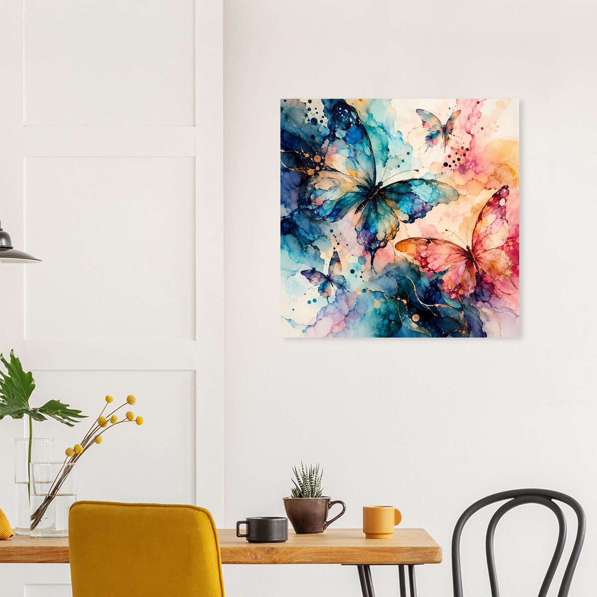 Quadratisches Poster mit Schmetterlingen in Blau-Rosa Aquarelloptik