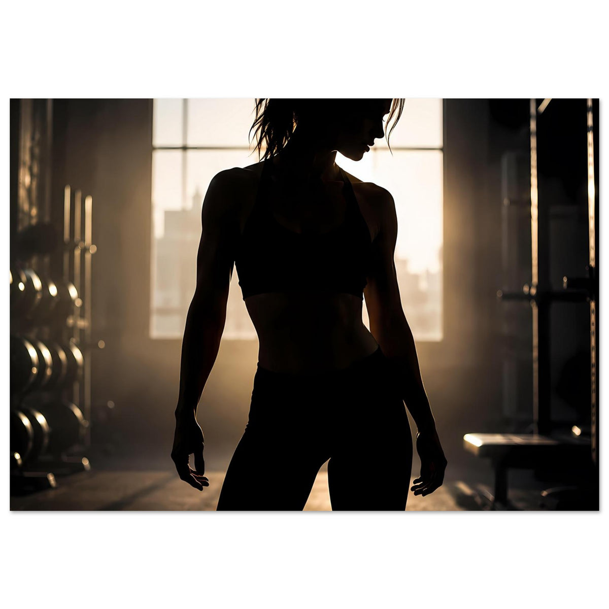 Fitnessposter im Querformat mit Silhouette einer Sportlerin und Seitenblick
