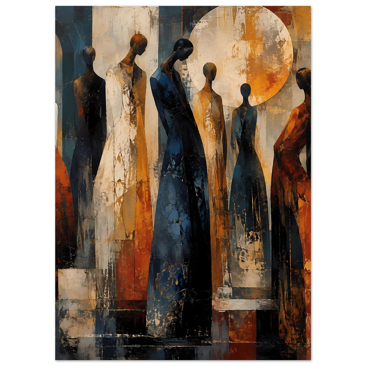 Abstraktes Figuren-Poster mit warmen Nuancen, stehende Gestalten in Blau, Orange und Beige