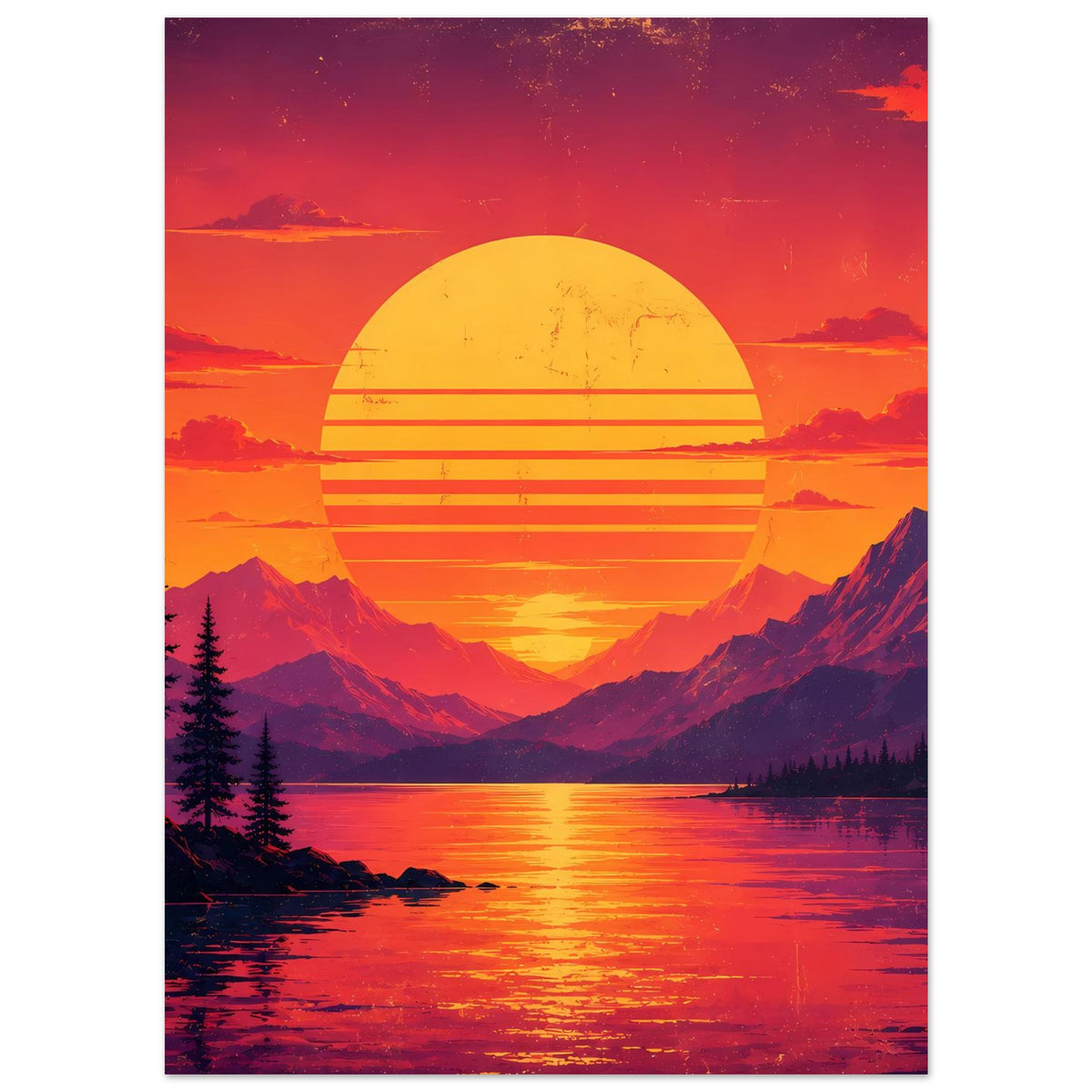 Poster Hochformat mit Retro-Sonnenkreis, Bergen, Tannen und spiegelndem See