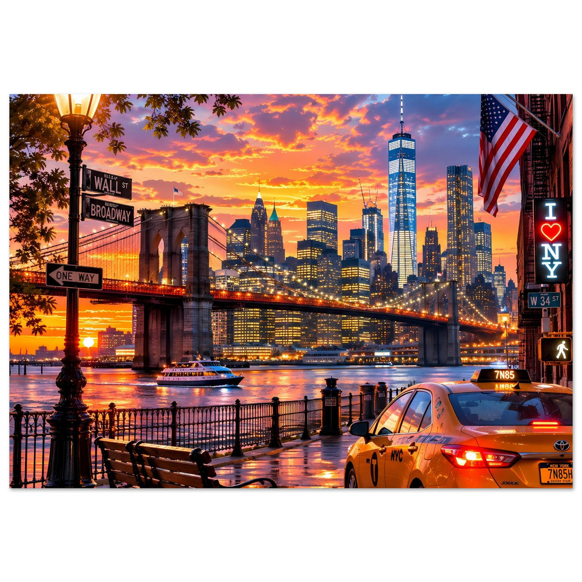 Stadtposter im Querformat: Sonnenuntergang über New-York-Skyline, gelbes Taxi am Ufer