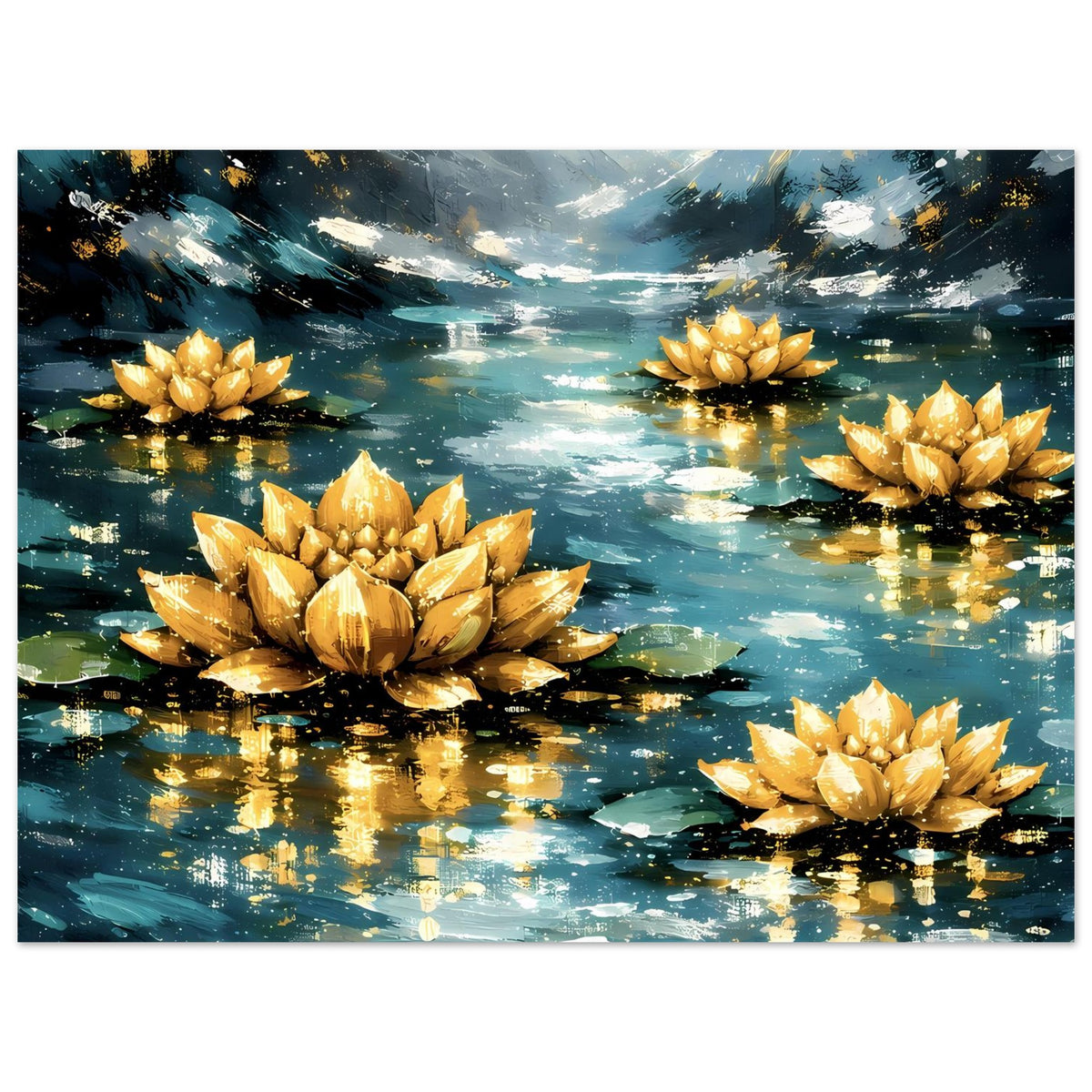 Poster mit goldenen Lotusblüten im Vorder- und Hintergrund, türkisfarbenem Wasser und Wolkenstreifen
