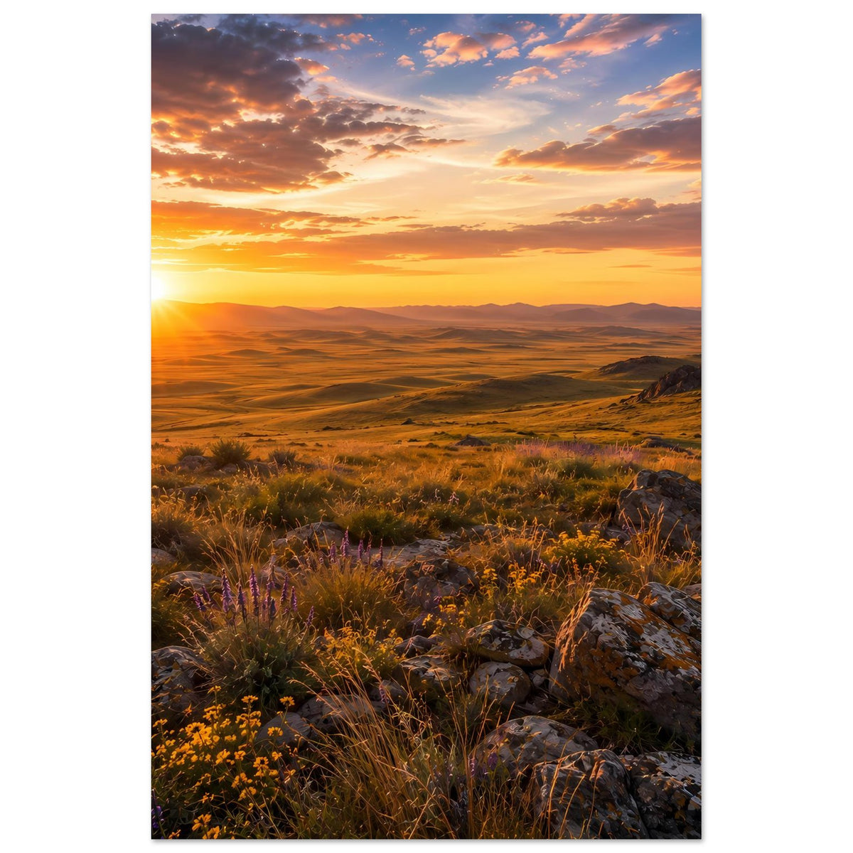 Hochformatiges Poster mit Sonnenuntergangshimmel, hügeliger Landschaft, Wildkräutern und Felsen