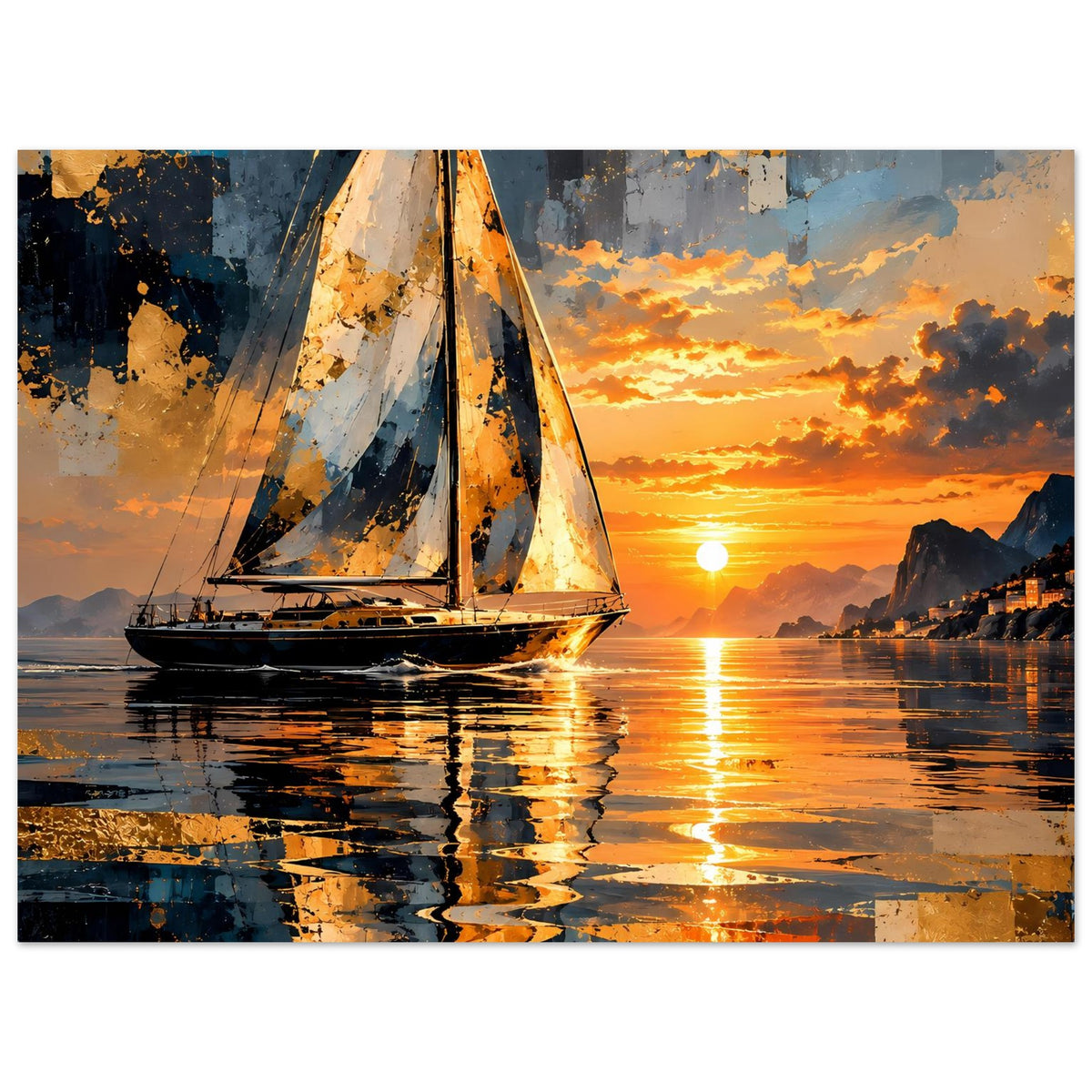 Abstraktes Segelboot-Sonnenuntergangs-Poster mit ruhiger Wasserfläche und leuchtender Sonne