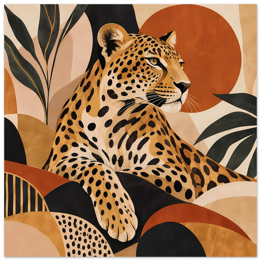 Leoparden-Tierposter mit liegendem Leopardenkopf und Punktmuster in Erdtönen