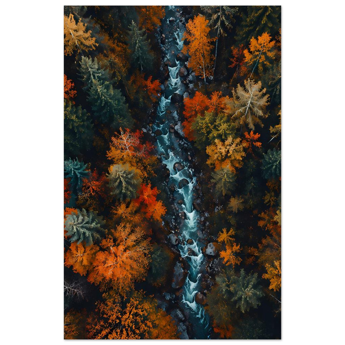 Vertikales Poster mit Herbstwald, blauem Bach und gelb-orangefarbenen Baumkronen