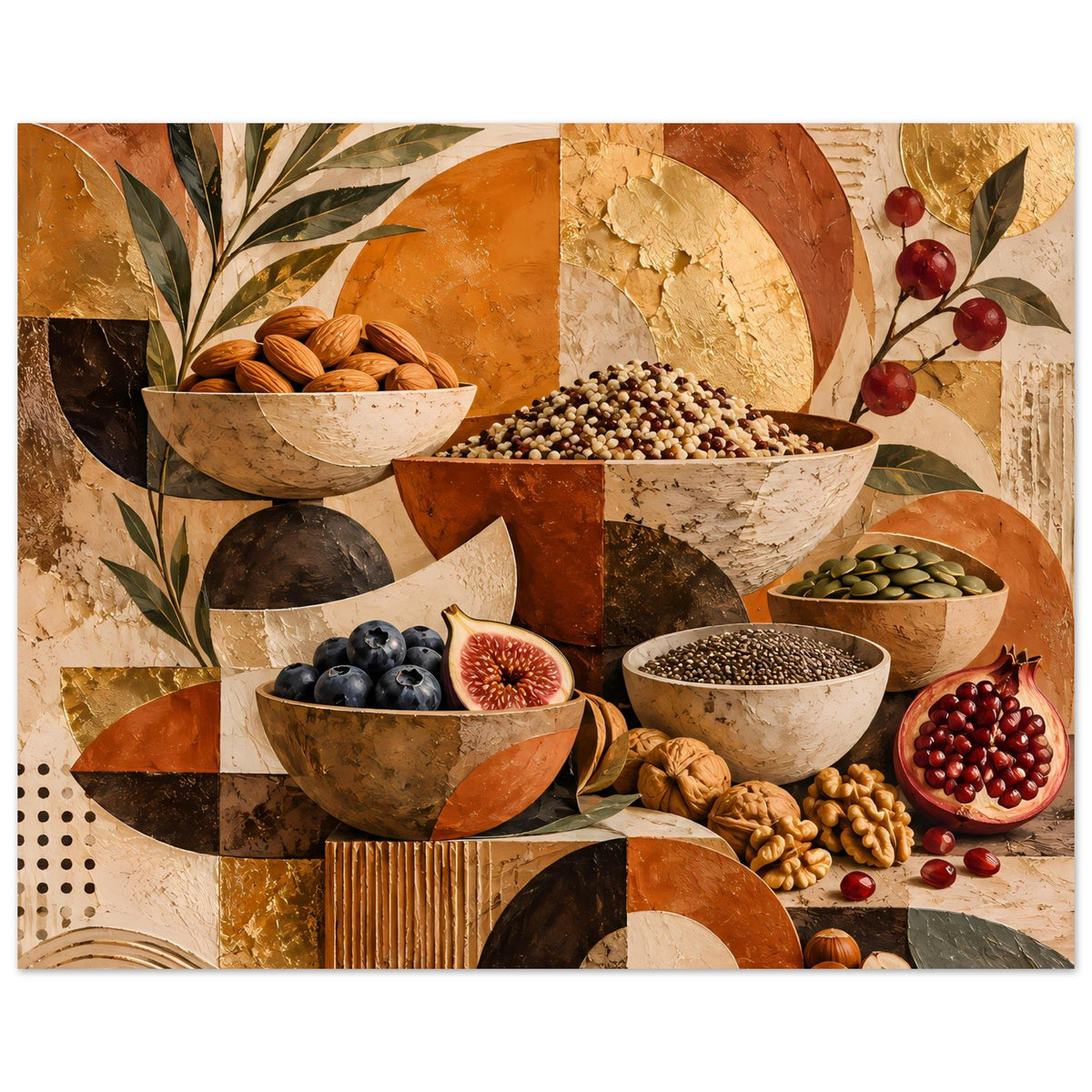 Horizontales Wandposter mit Schalen voller Nüsse, Beeren und grünen Samen im warmen Erdtöne-Design.