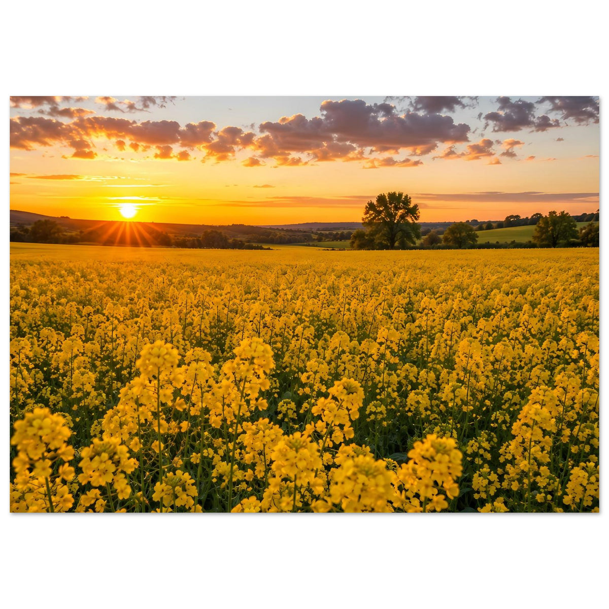Landschaftsposter mit gelben Blütenfeldern, goldener Sonne, Horizontlandschaft und Wolken