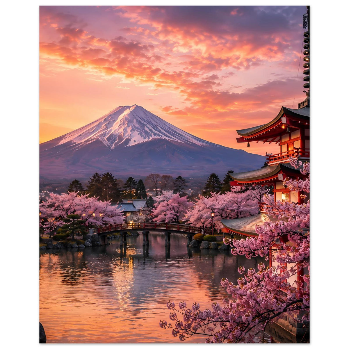 Poster mit Berg Fuji, Kirschblüten im Vordergrund, Pagode rechts und Sonnenuntergang