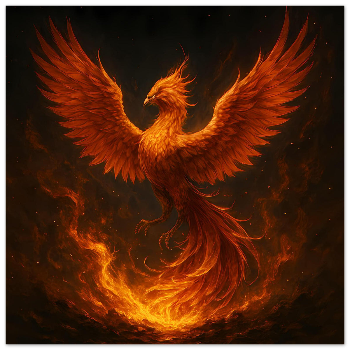 Poster mit Phönix aus Feuer, große Flügelspannweite und leuchtende Feuerwalzen unten