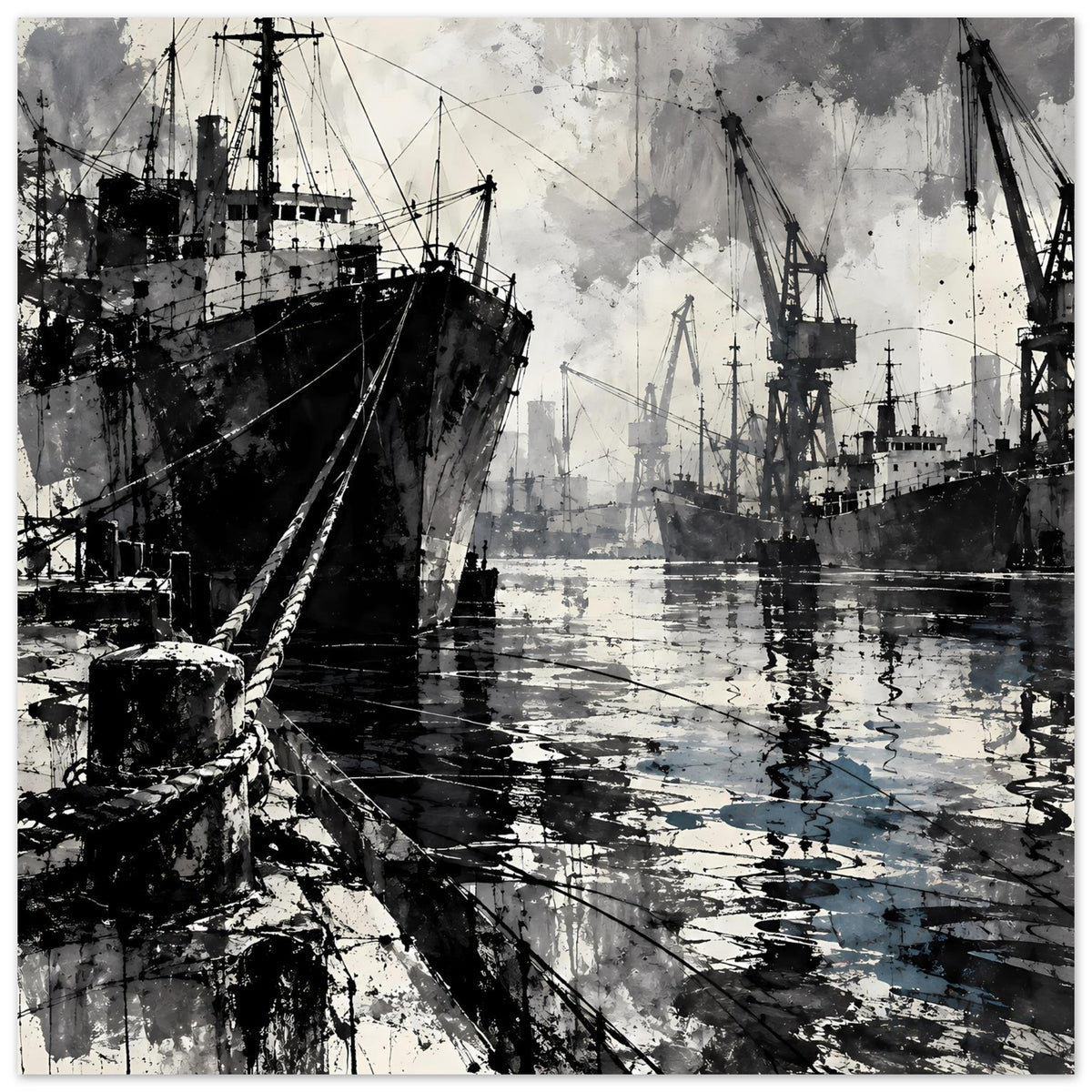 Hafenposter mit Dampfschiff, Kränen und spiegelndem Wasser im Schwarz-Weiß-Stil