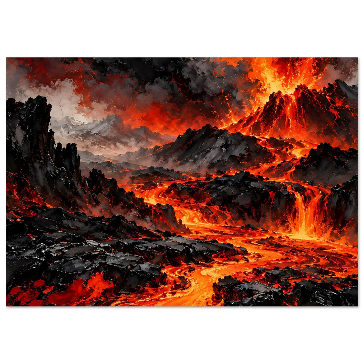 Poster mit Vulkaneruption: leuchtende Lava, dunkle Berge und Rauchwolken