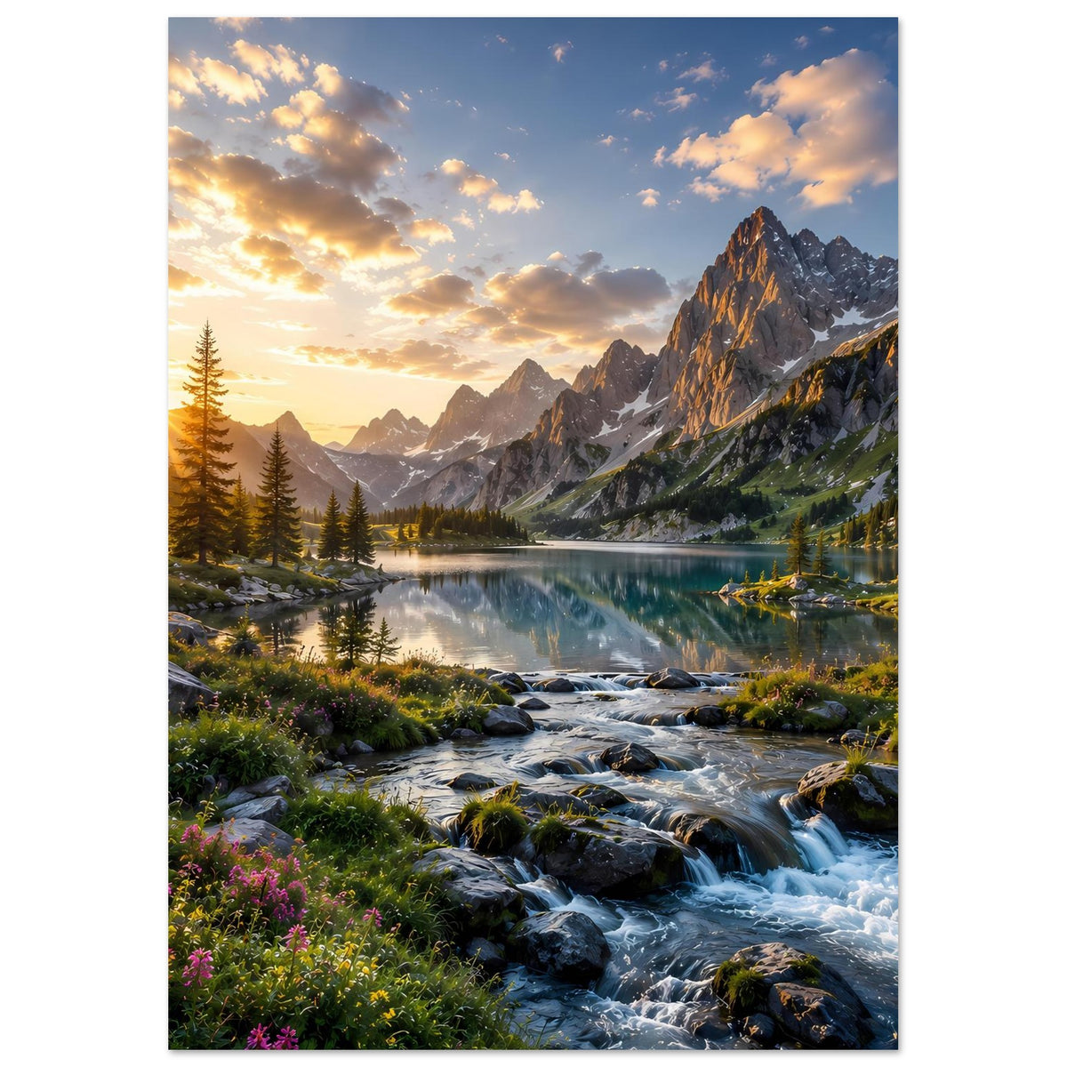Poster: Sonnenaufgang über Bergsee mit Wasserfall und Kiefern vor Felsen