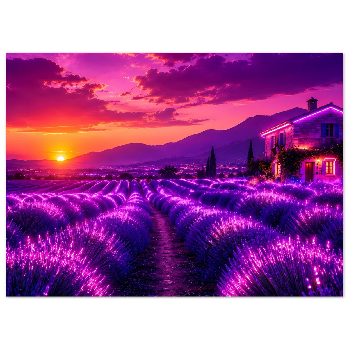 Lavendelfeld-Poster mit lila Blüten, mittlerem Weg und Haus bei rosa Sonnenuntergang