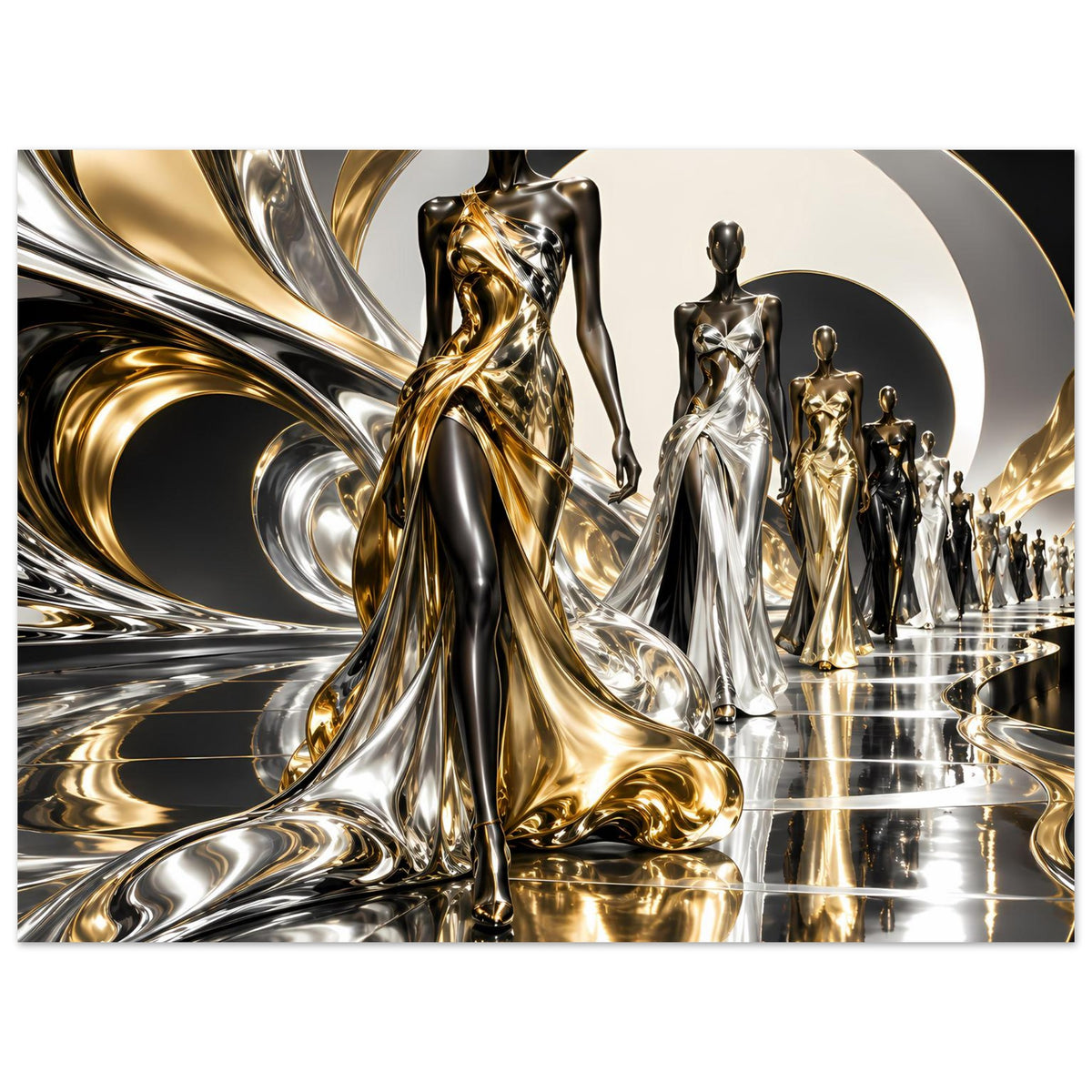 Poster mit Fokus auf Vordergrundfigur in Gold und Silber, dahinter weitere Metallfiguren