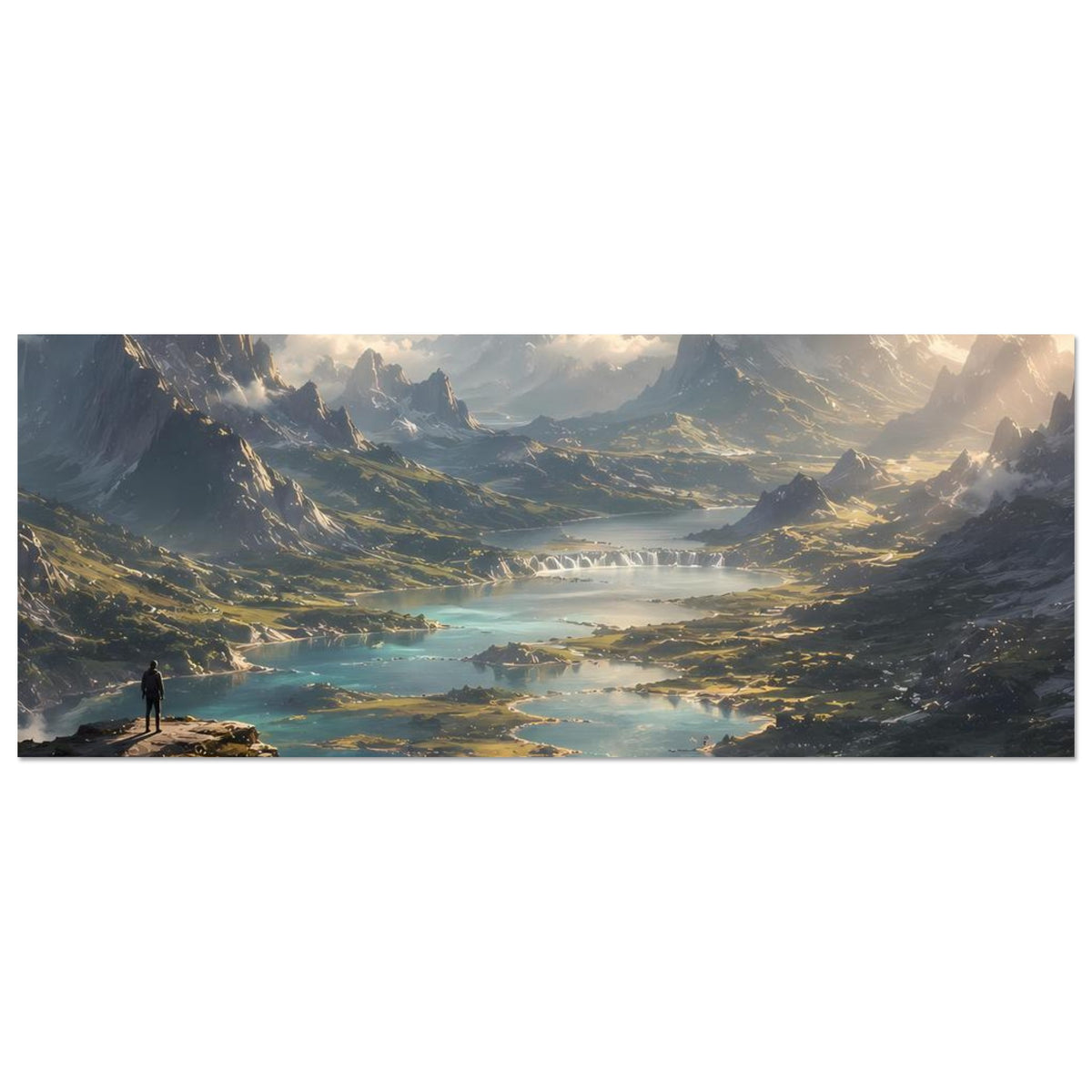 Horizontales Poster mit Bergtal, Flussbiegung, Wasserfällen und kleinen Wanderer-Silhouette