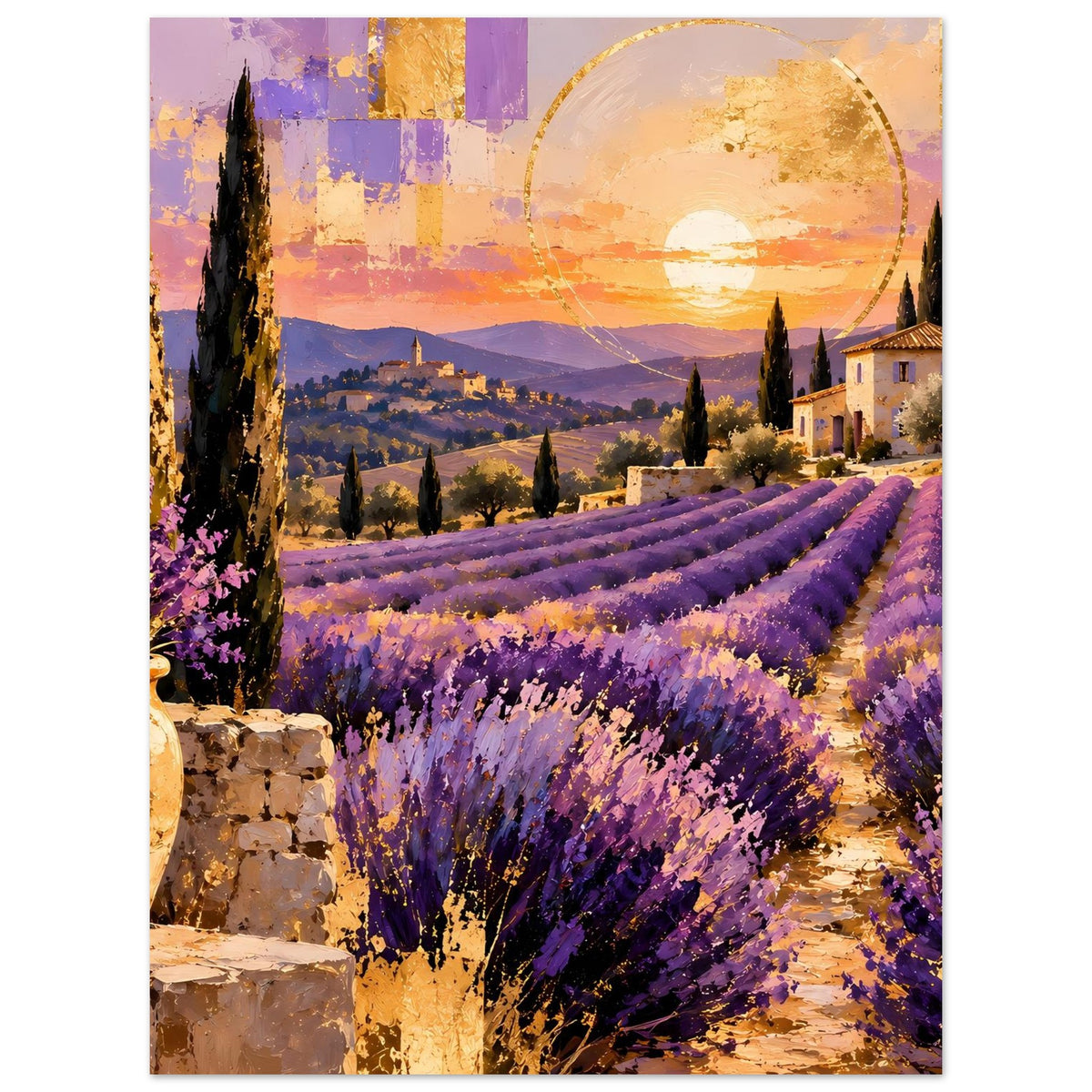 Poster, senkrecht: violette Lavendelreihen mit Sonnenkreis und Landhaus