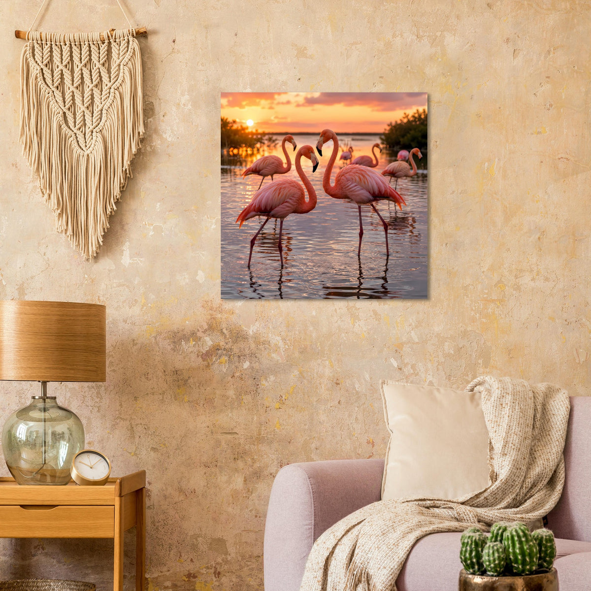 Quadratisches Poster mit Flamingos im Vordergrund, Sonnenuntergang und Wasserreflexion