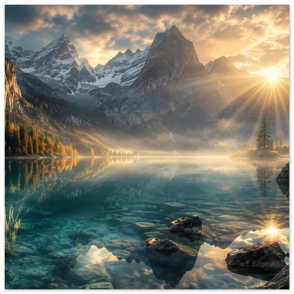 Querformat-Poster mit Alpenpanorama, Sonnenstrahlen, türkisfarbenem See und Felsen im Vordergrund