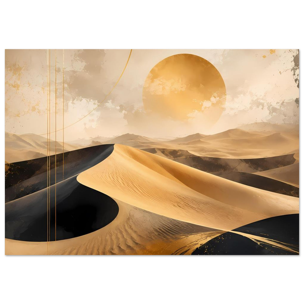 Wüstenposter mit goldener Mitteldüne, schwarzem Sand und Sonnenscheibe im Zentrum