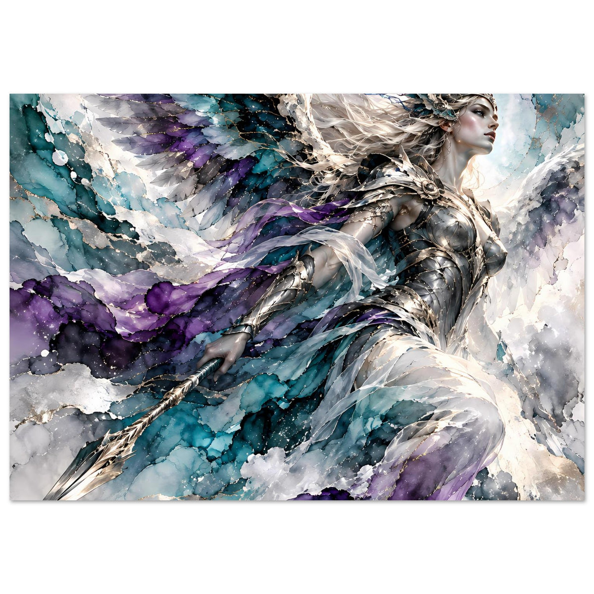 Fantasy-Poster mit Kriegerengel in Silberrüstung, Flügeln und blau-violetten Aquarellfarben