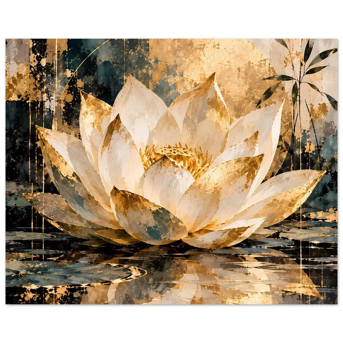 Lotus-Poster, weiße und goldene Lotusblüte über abstraktem Hintergrund mit Blattzweig
