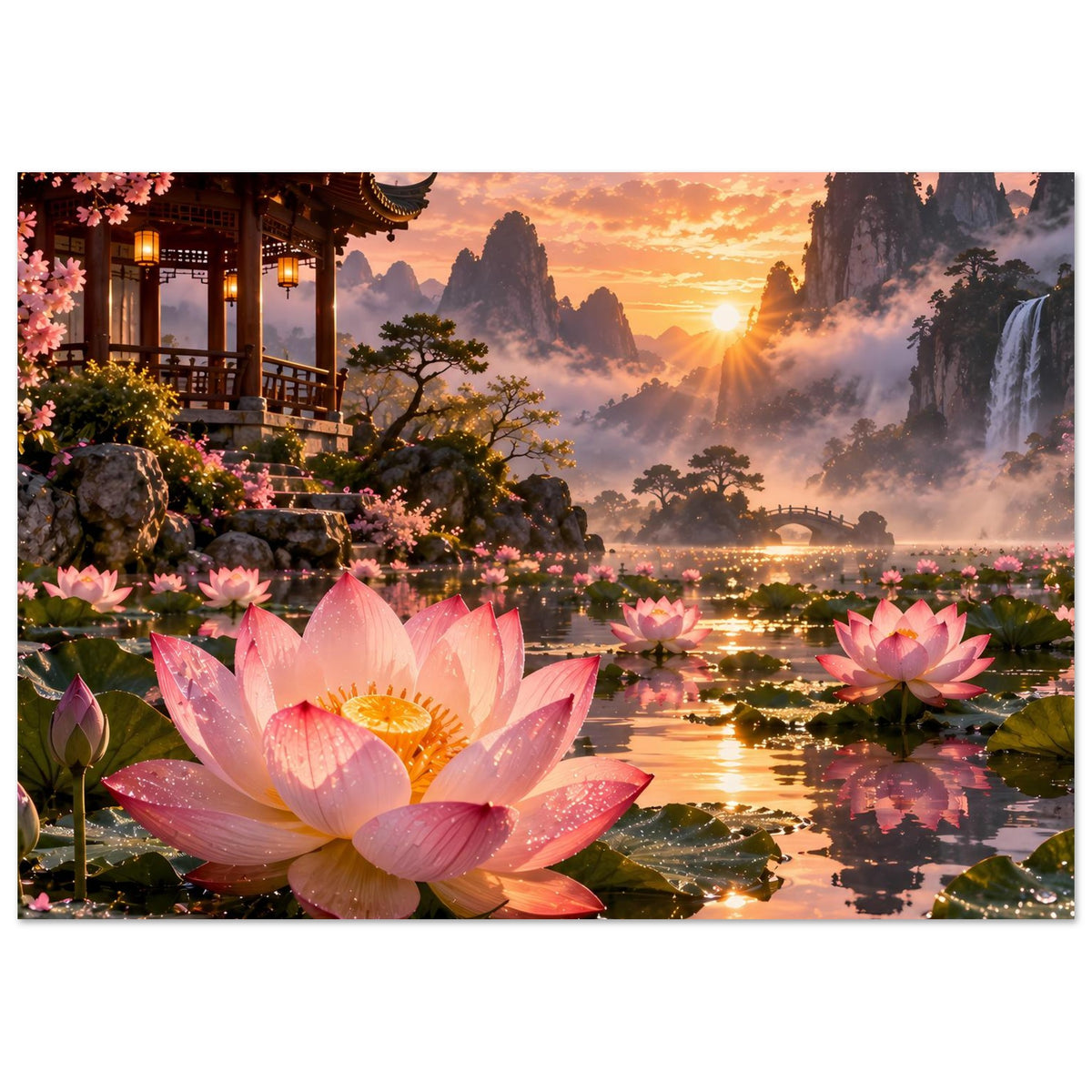 Wandposter mit rosa Lotusblüten im Vordergrund und ruhigem Wasserlauf im Abendlicht