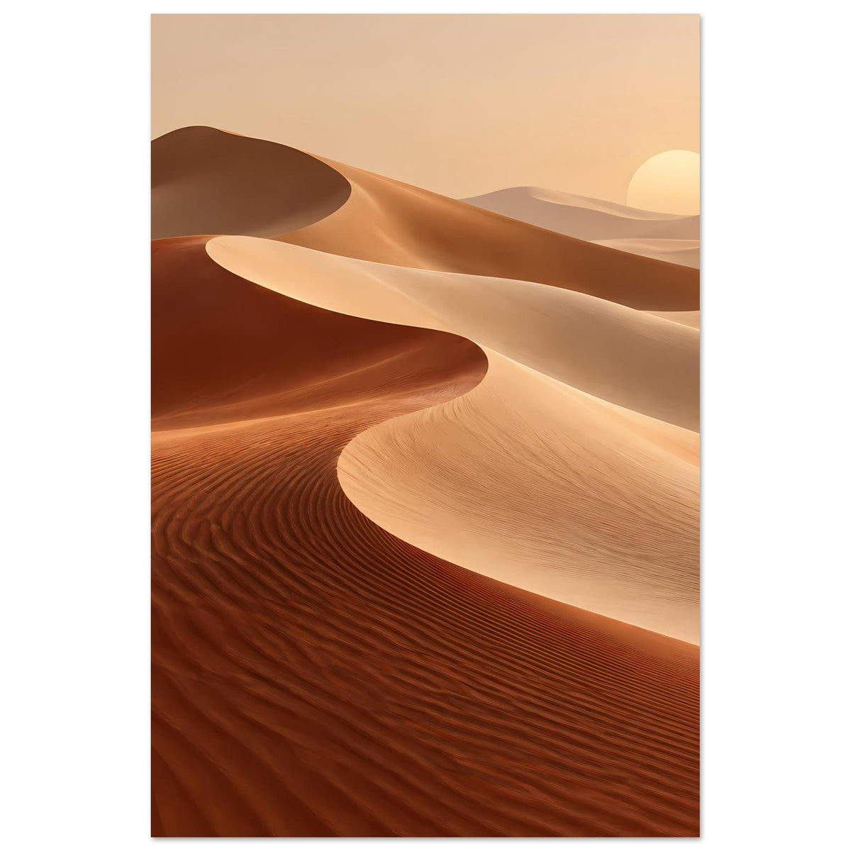 Wandposter mit warmen Sanddünen in Beige- und Brauntönen, mit kurzem Sonnenmotiv