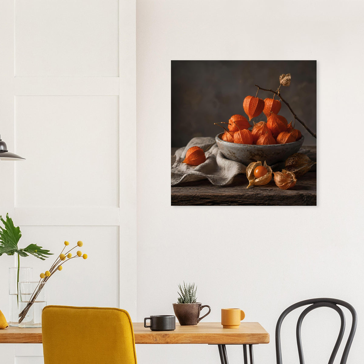 Herbstposter: Schale mit orangefarbenen Kürbissen, Eicheln und Stofftuch im Motiv