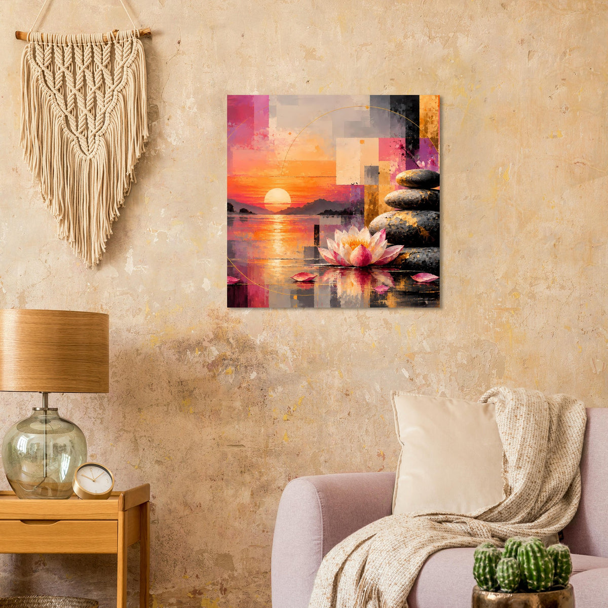 Quadratisches Poster mit Sonnenuntergang-Look, Lotusblüte und dekorativen Steinen, farbige Blöcke