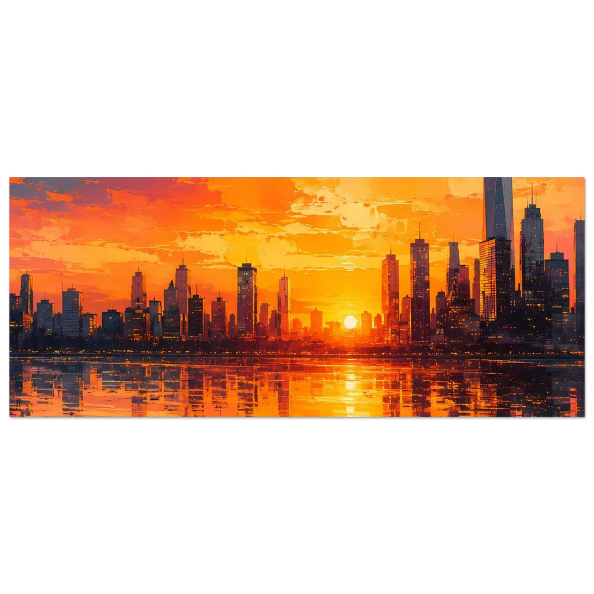 Querformat-Stadt-Skyline-Poster als Panorama mit Sonnenuntergang und Wasserreflexion