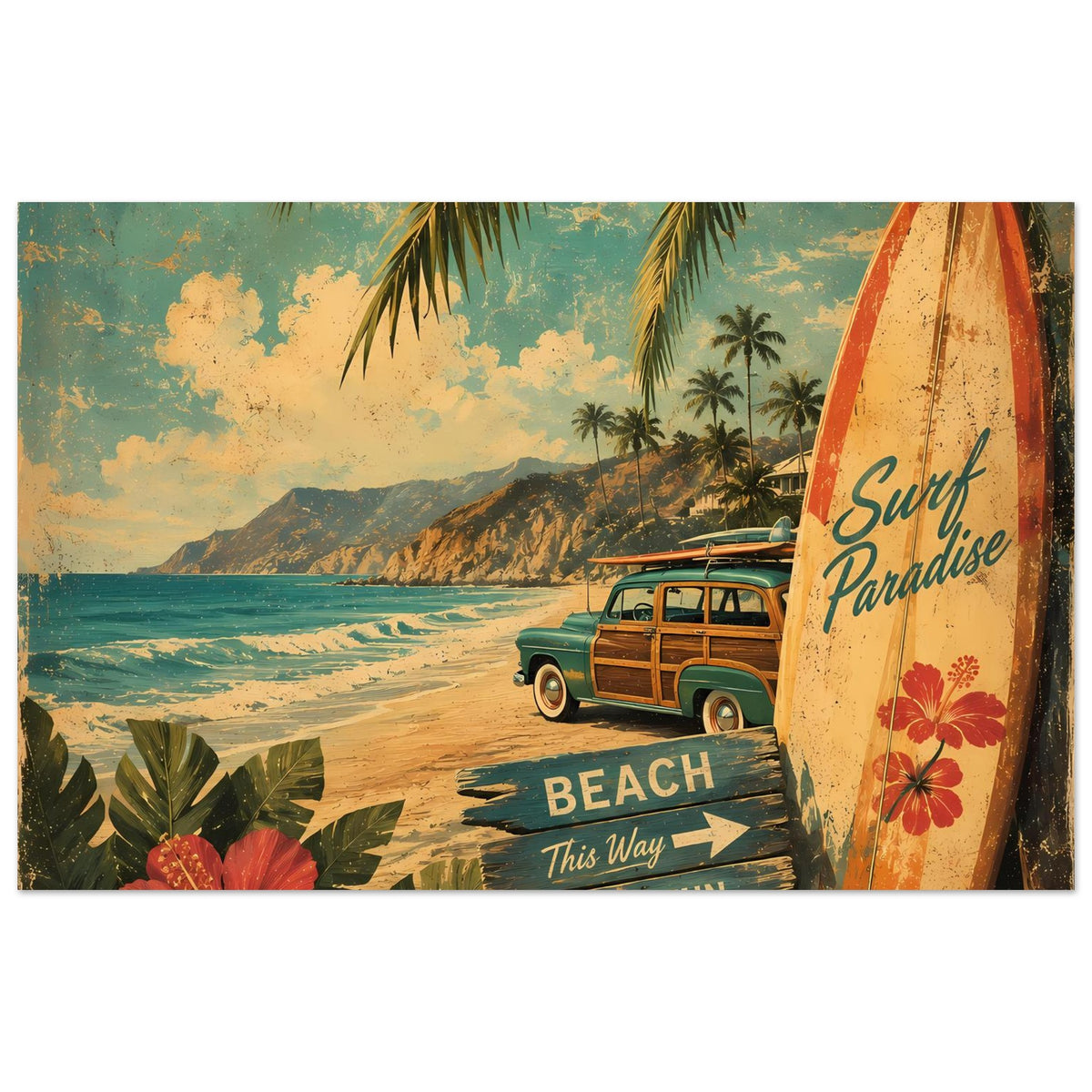 Vintage Beach-Poster, nahe Ansicht von Surfbrett und Strandweg mit Schildern „BEACH“
