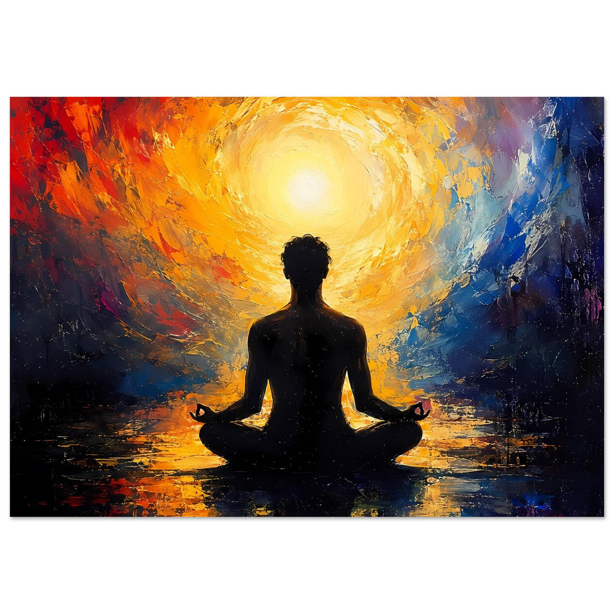 Abstraktes Zen-Poster mit ruhiger Meditationsfigur, hellem Lichtkreis und kräftigen Farbflächen