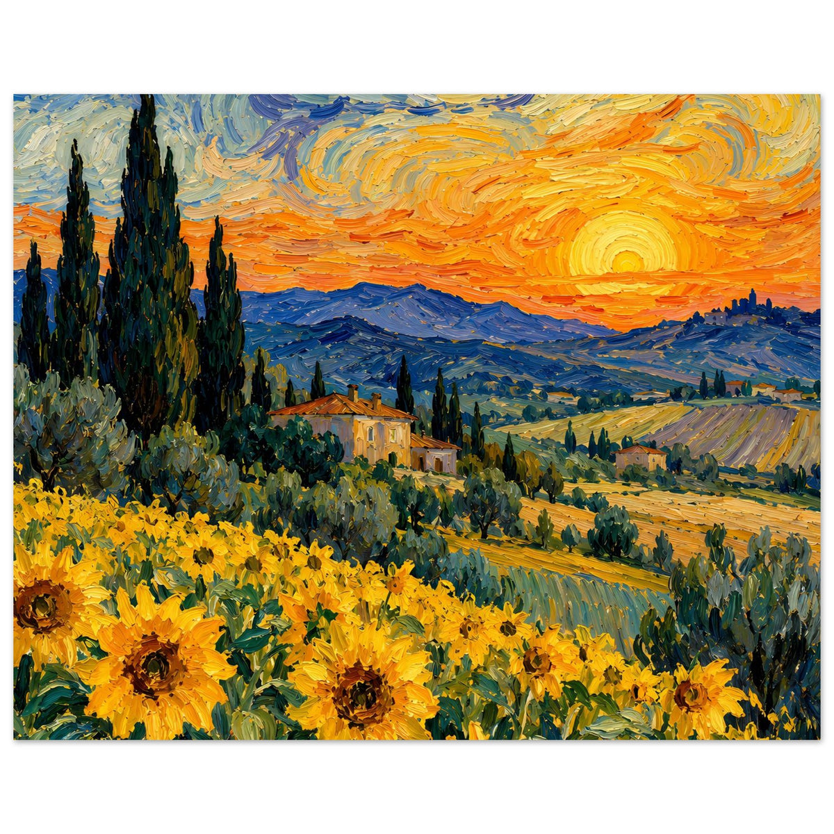 Kunstposter: Sonnenblumen im Vordergrund, dunkle Zypressen links, Sonne am Abendhimmel
