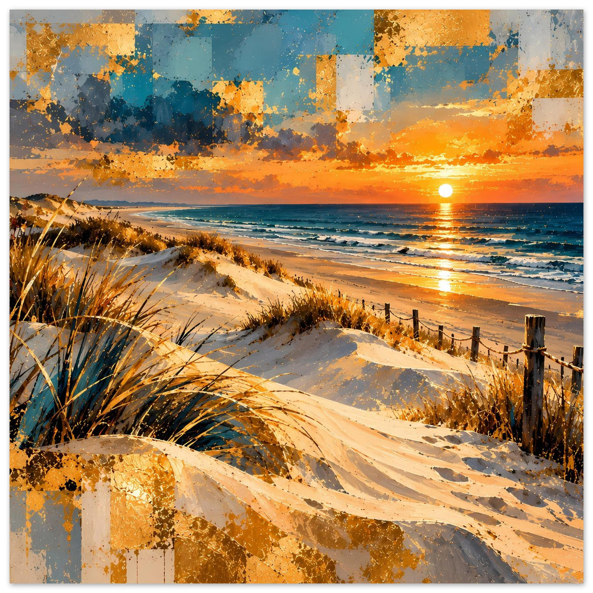 Horizontales Strandposter mit Sandpfad, Dünen, Wellen und warmem Licht der untergehenden Sonne