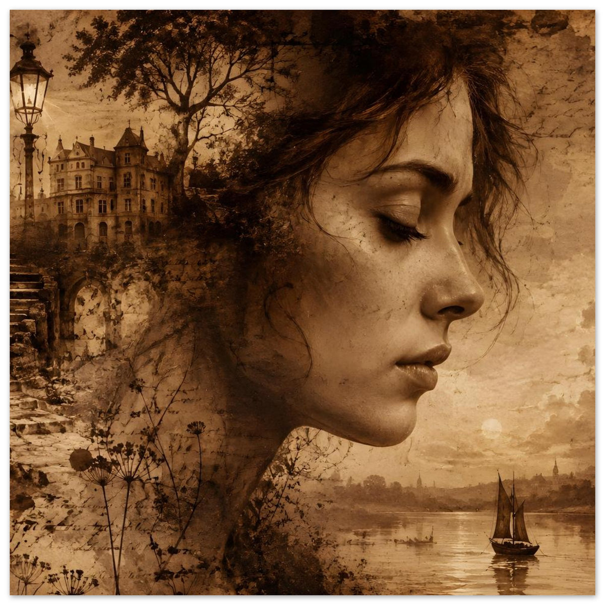 Sepia Poster, weites Motiv: Frauenprofil, Pusteblumen, Häuserfassade und Segelboot
