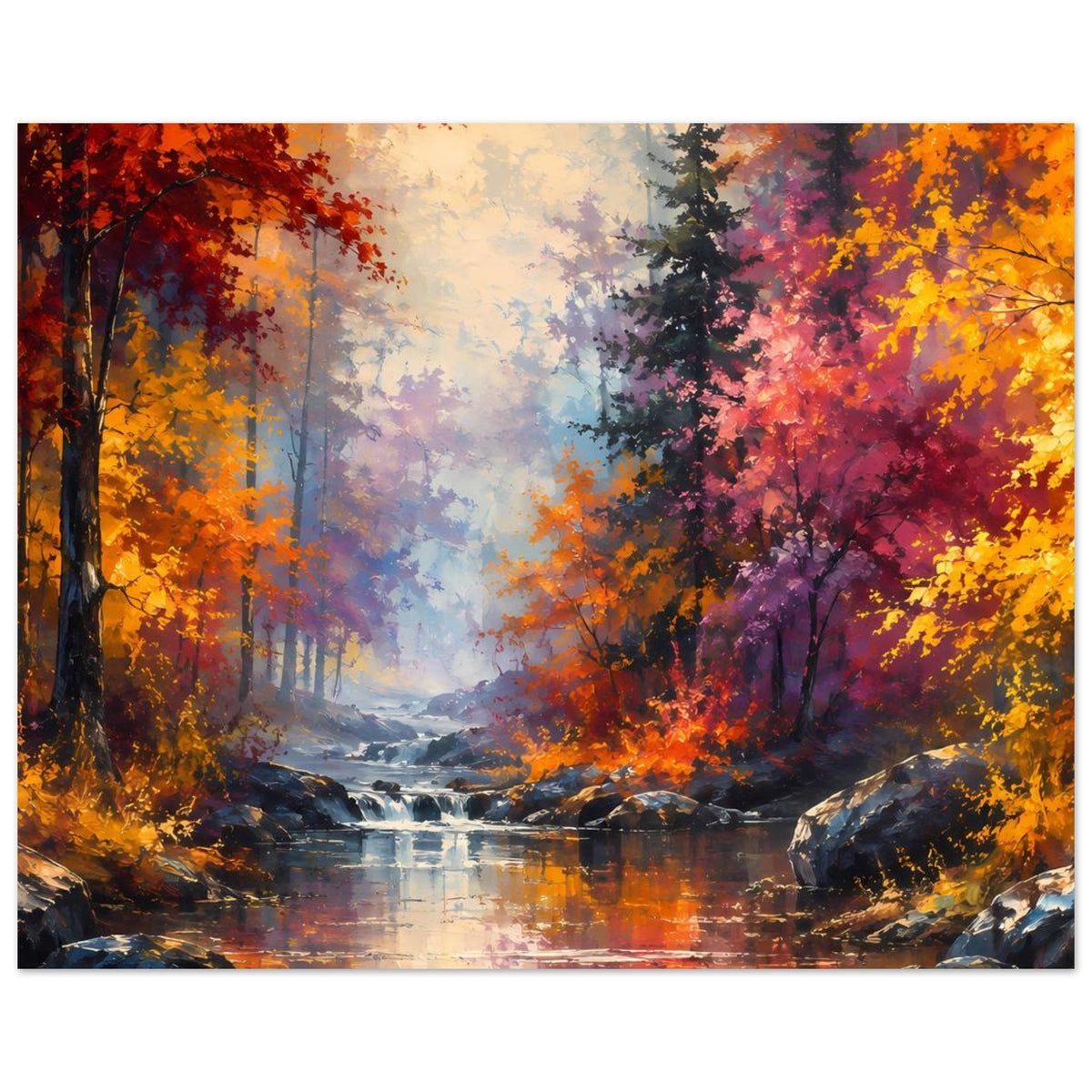 Herbstwald-Panorama-Poster mit Waldfluss und Reflexionen, Gelb-Orange-Rot und Violett, Breitformat