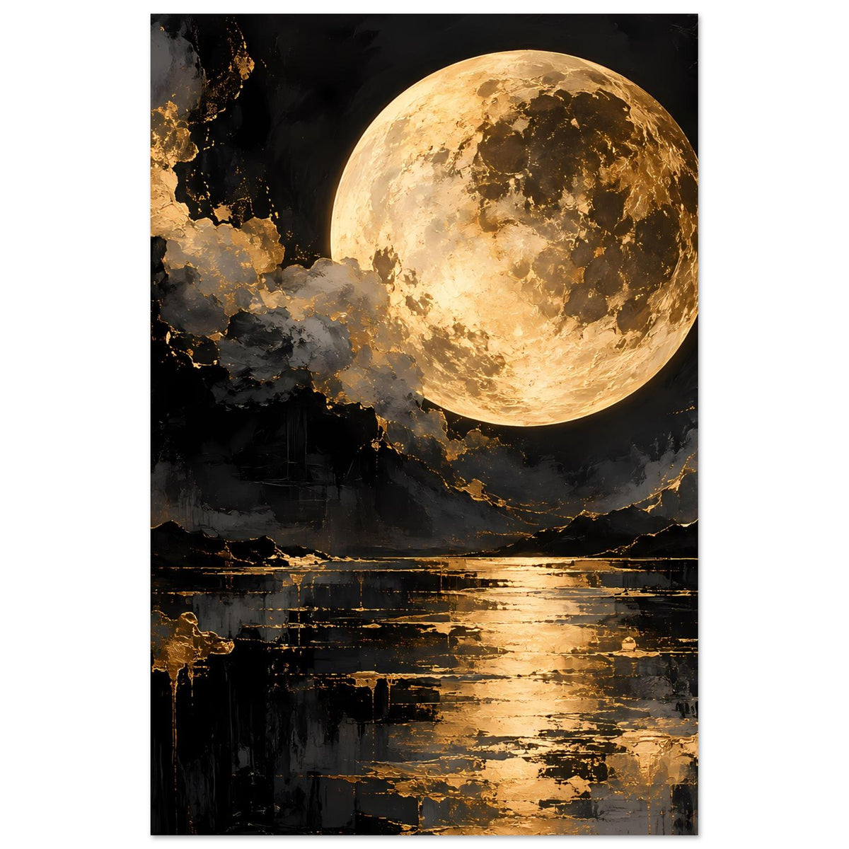 Hochformat-Poster mit goldfarbenem Mond, dunklen Wolken und goldener Spiegelung auf Wasserfläche