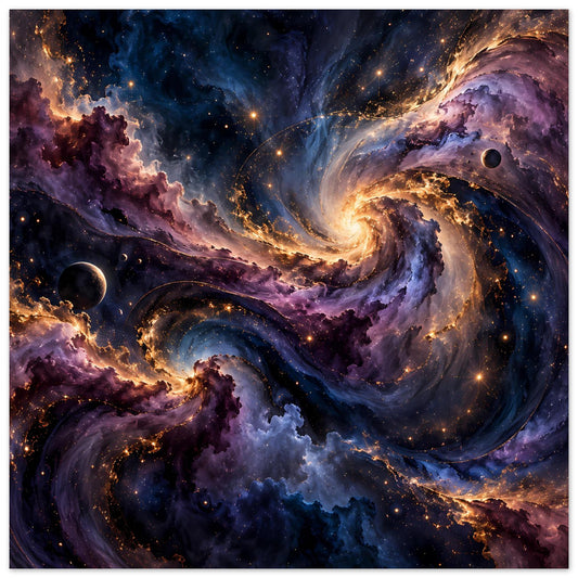 Weltraum-Poster mit kosmischem Nebel, farbenfrohen Galaxienwirbeln und Planeten in Dunkelblau.