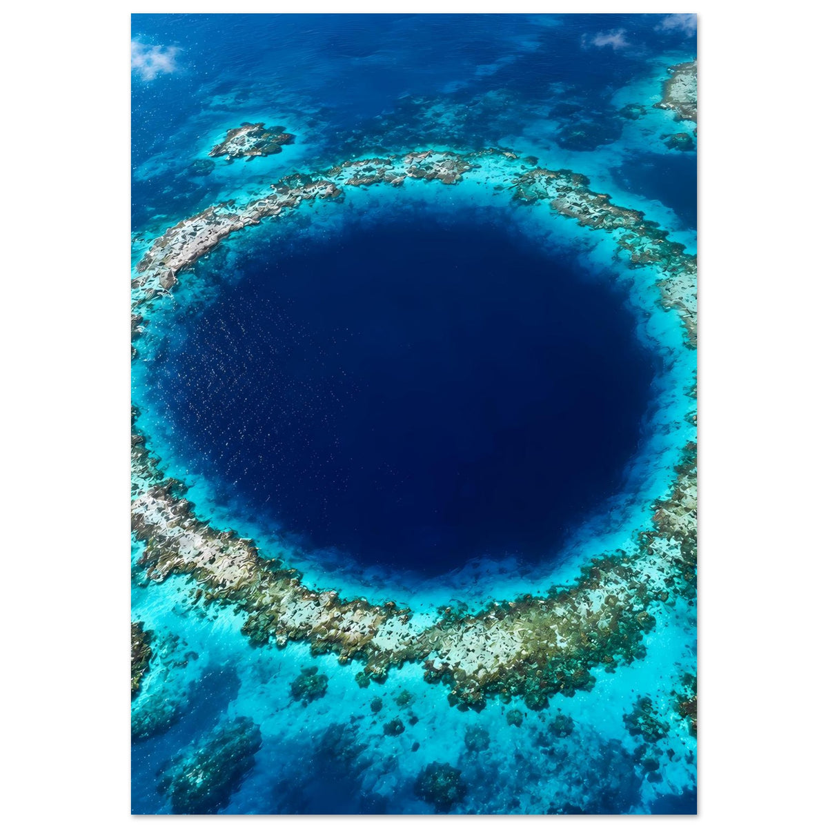 Poster Unterwasser: runde, dunkelblaue Vertiefung mit hellen Korallenkränzen