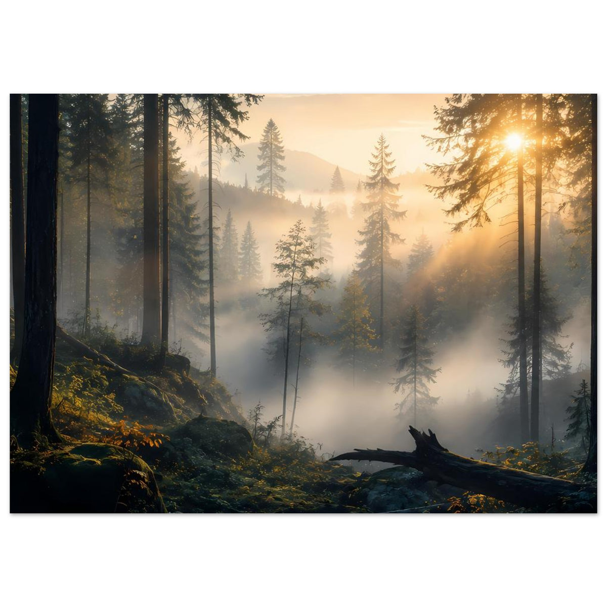 Wandposter Wald bei Sonnenaufgang mit Nebel, Fichten und liegendem Baumstamm im Vordergrund