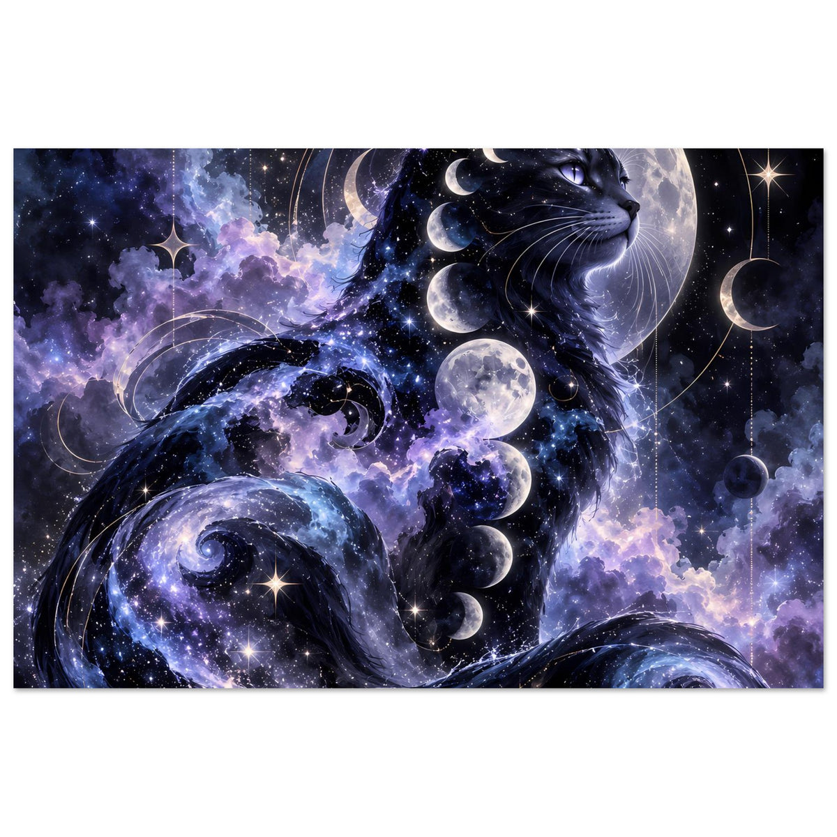 Horizontales Poster mit kosmischer Katze, Planeten und Monden in dunklem Blau-Purpur